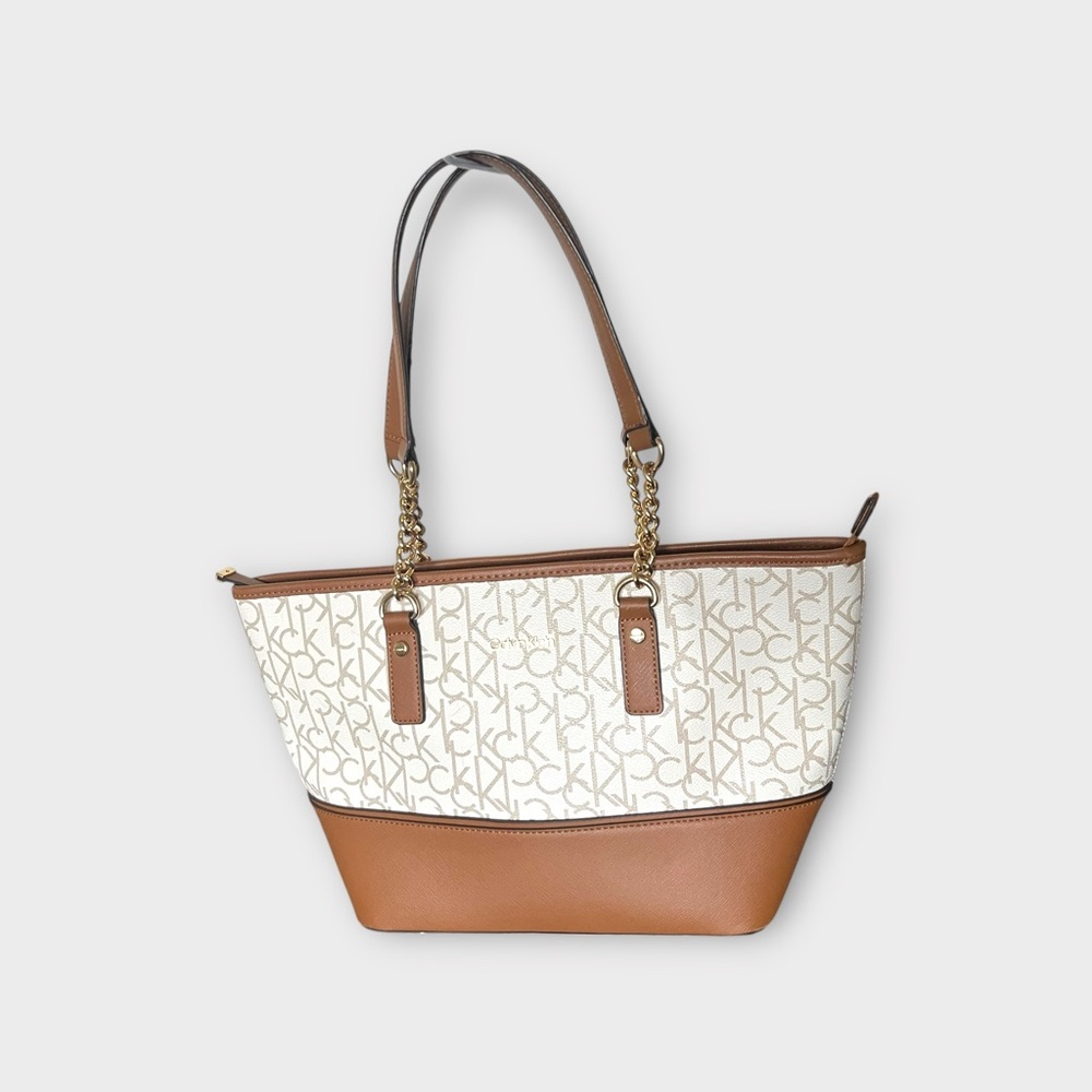 Calvin Klein White and Brown Logo Tote Bag